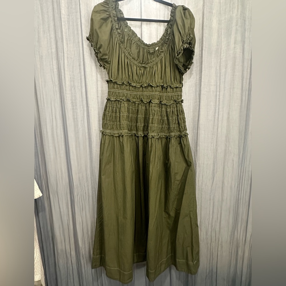 Doen Leanne Organic Cotton Voile Midi Dress - Olive Green - XL